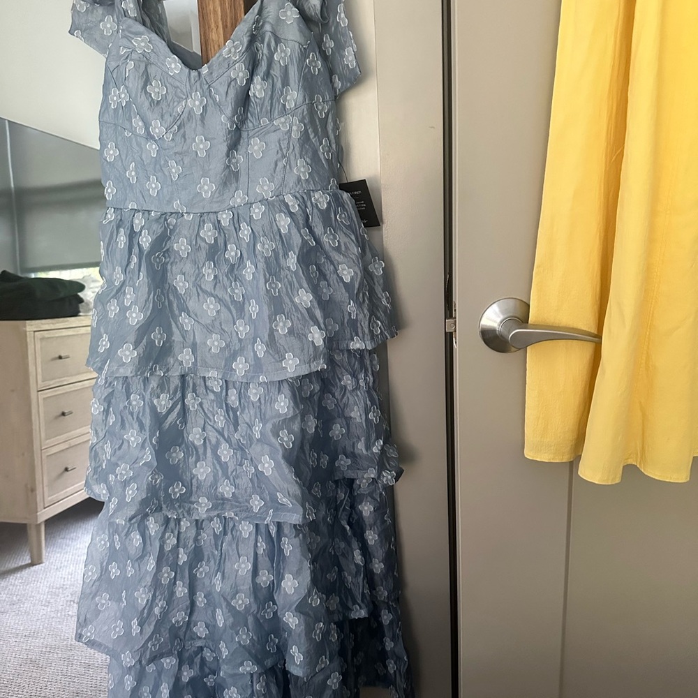 lulus Gorgeous Excellence Light Blue Floral Burnout Tiered Midi Dress
